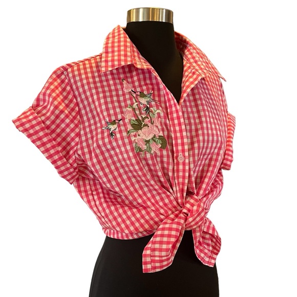 Vintage pink gingham hummingbird embroidered short sleeve button up shirt S M - Picture 3 of 12